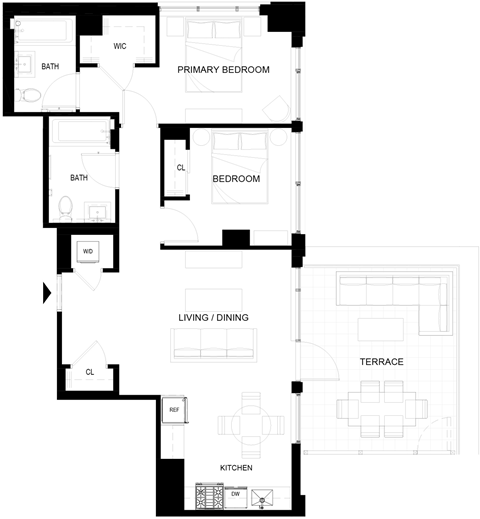 Floor plan for 2 beds, 2 baths, 820 sqft